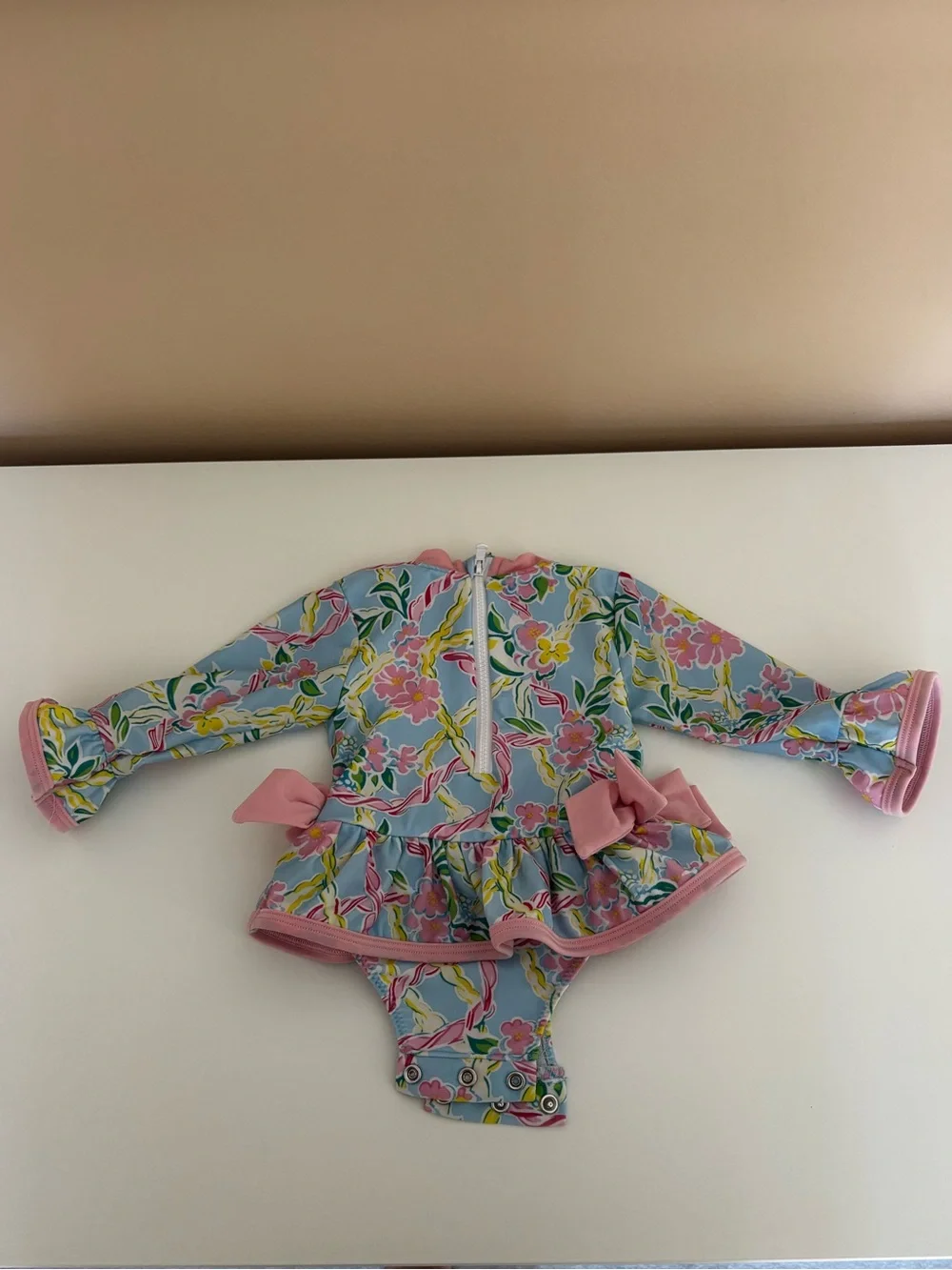 Smocked Flamingo Swimsuit - Pink & Light Blue Floral - 6M